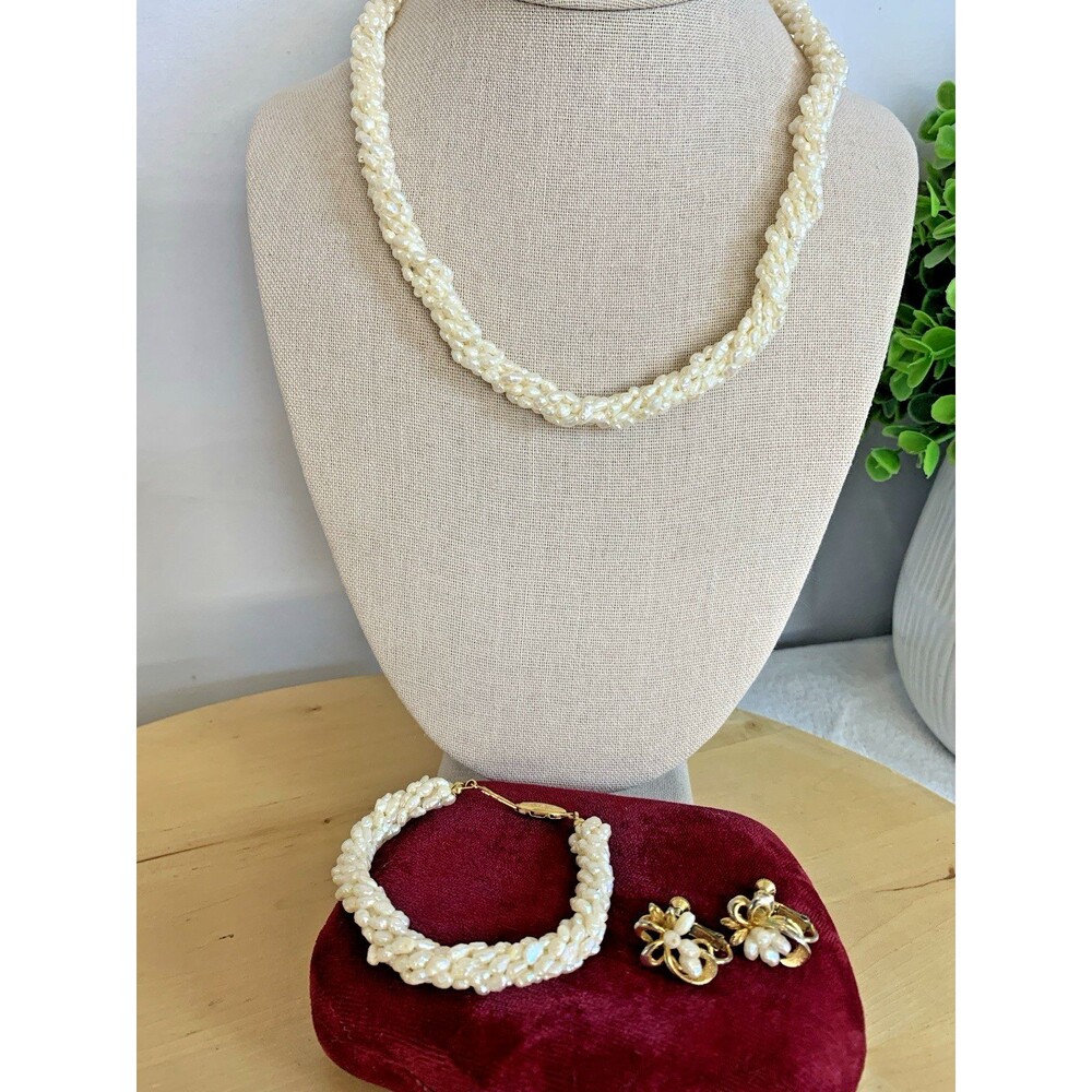 Vintage Seed Pearl Necklace Bracelet Earrings Set Gold Tone Bridal Wedding